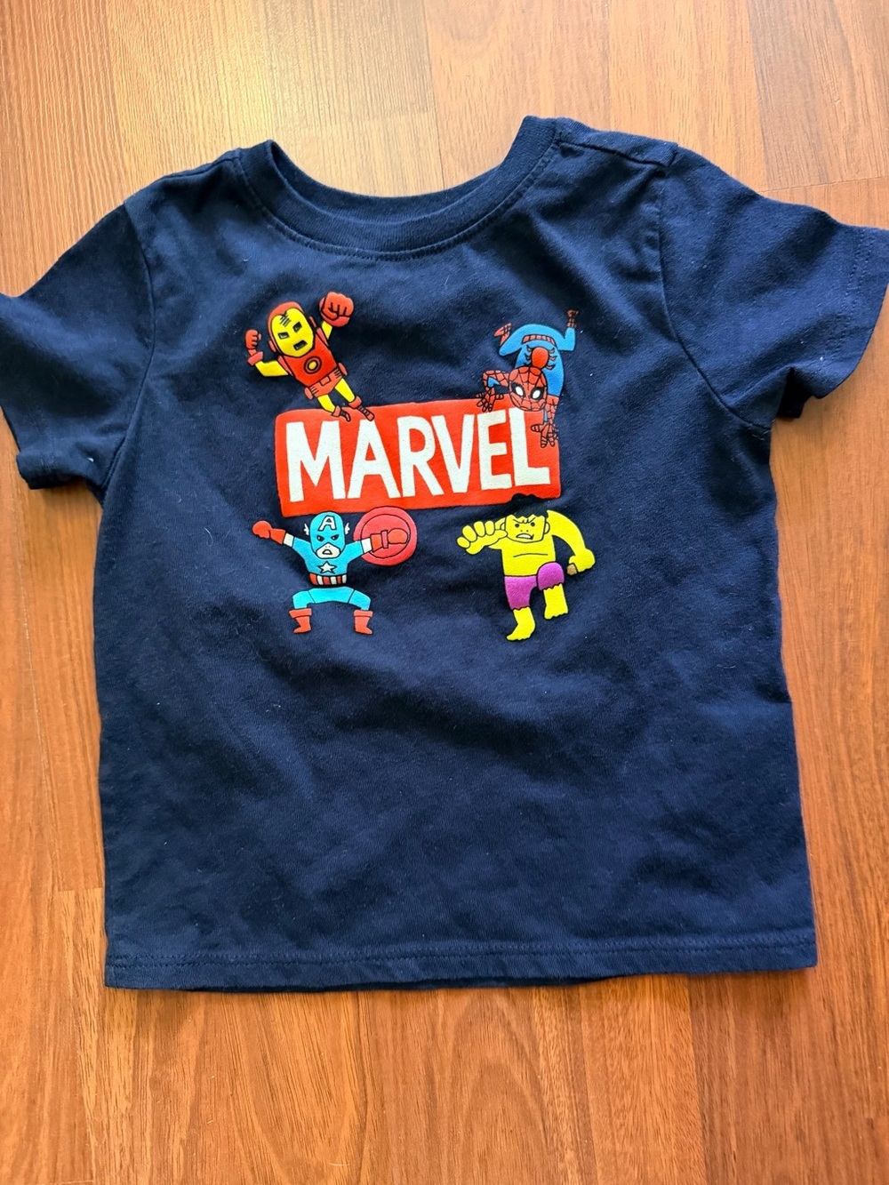 Marvel Navy Tee with Bright Red Logo and Colorful Superheroes